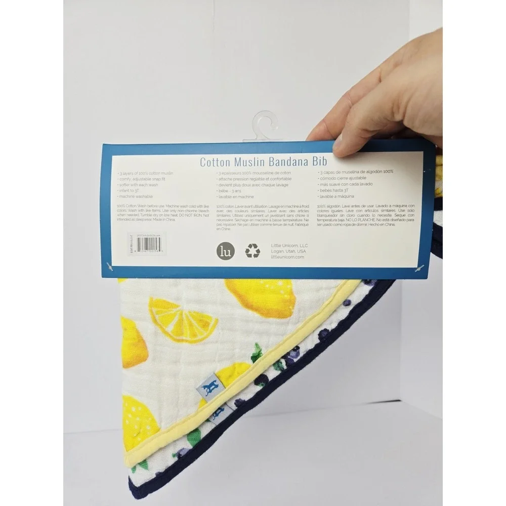 Little Unicorn Cotton Muslin Bandana Bib Lemon Blueberry yellow blue NEW 2 pack